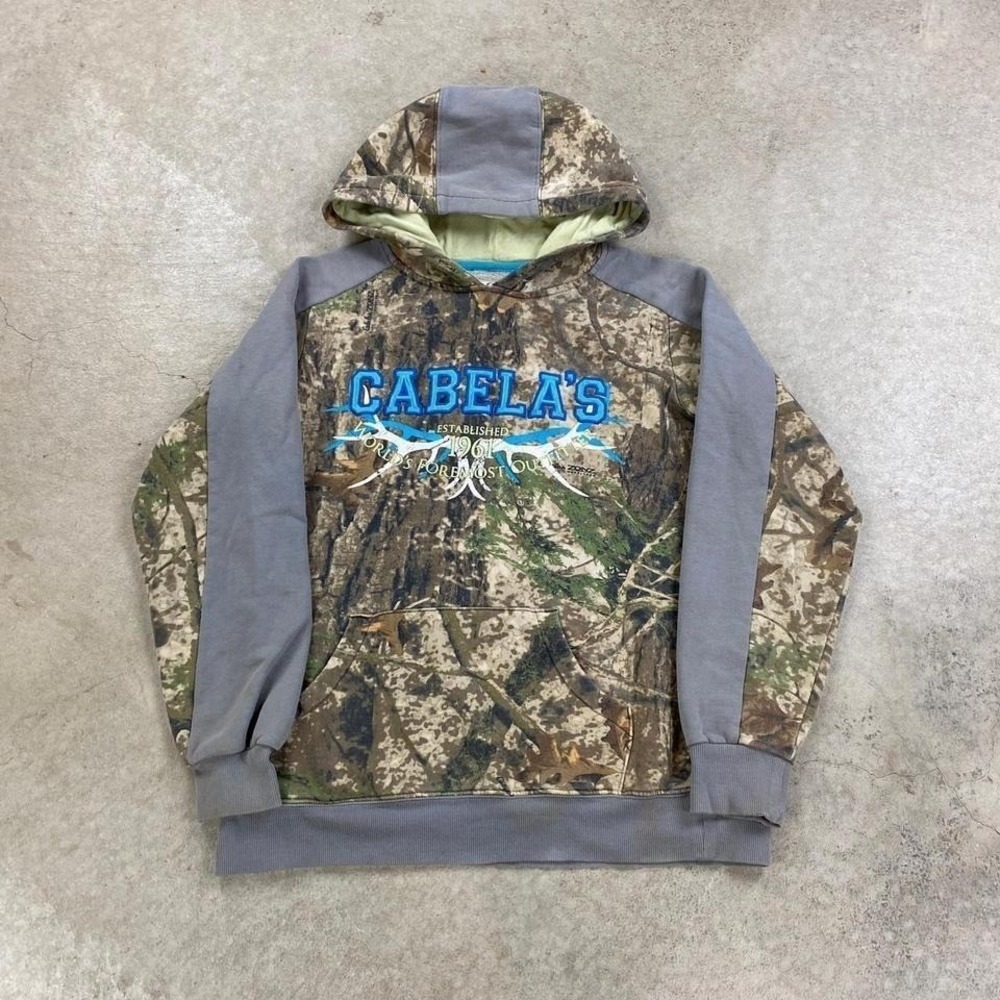Vintage Cabelas Camo Sweatshirt Size Medium Brown Y2K Hoodie Hunting Outdoor
